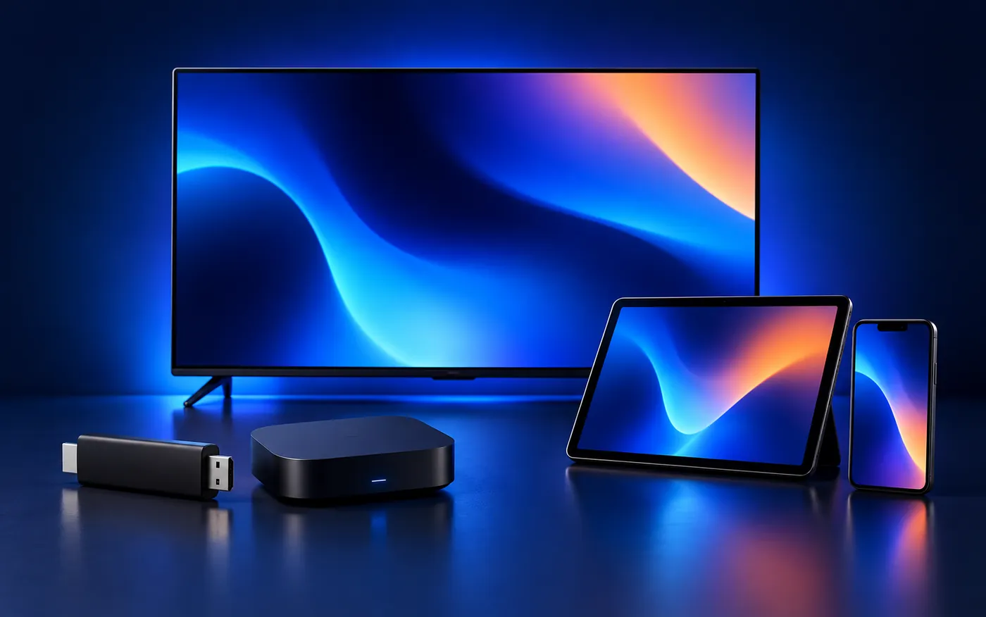 Televisão, box, stick de streaming, tablet e telemóvel lado a lado