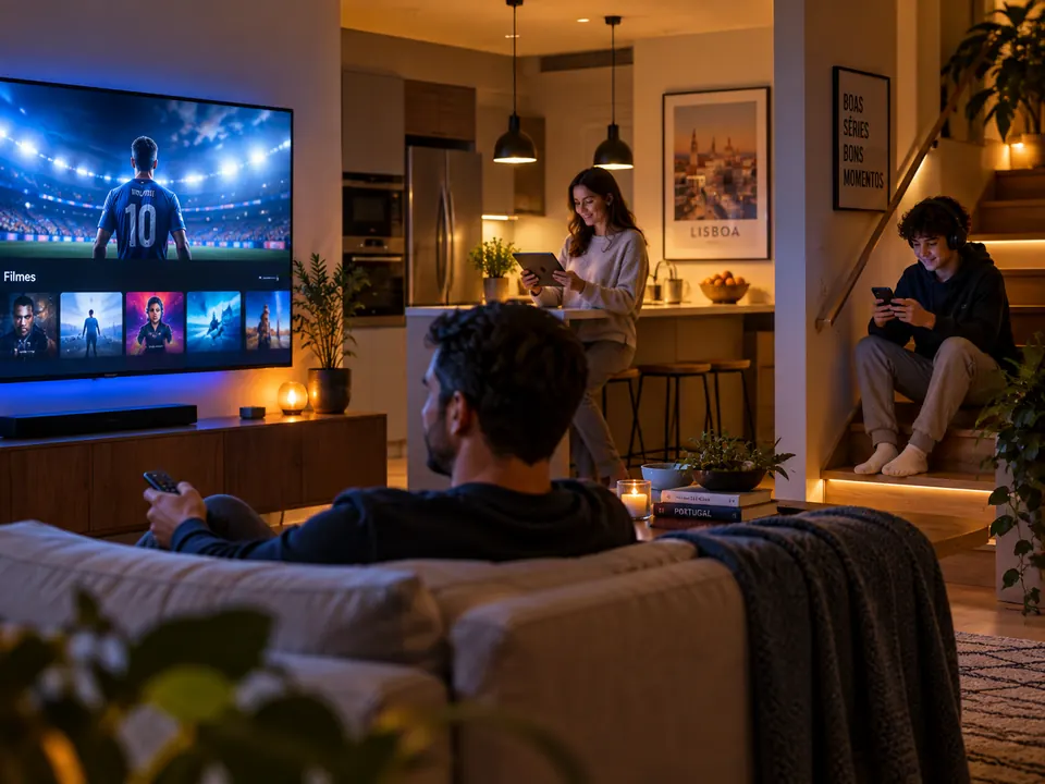 Família em casa a ver IPTV na televisão, no tablet e no telemóvel ao mesmo tempo