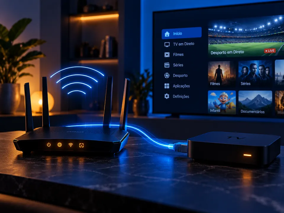 Router ligado por cabo a uma box de televisão com o menu de canais no ecrã