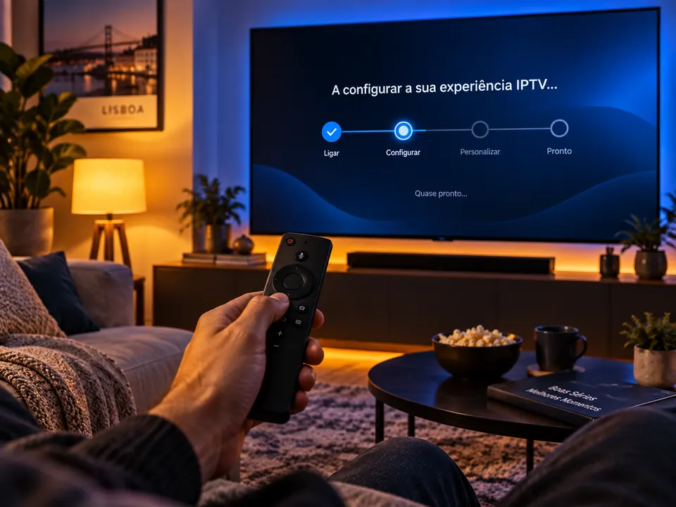 Mão a segurar o comando em frente a uma televisão com o ecrã de configuração