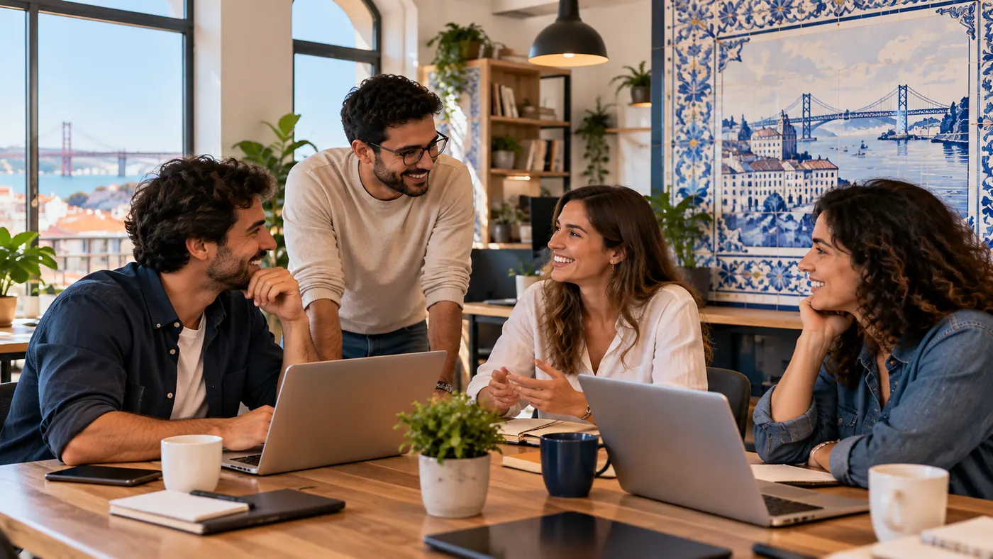 Equipa da IPTV Listas a trabalhar num escritório em Lisboa com painel de azulejos